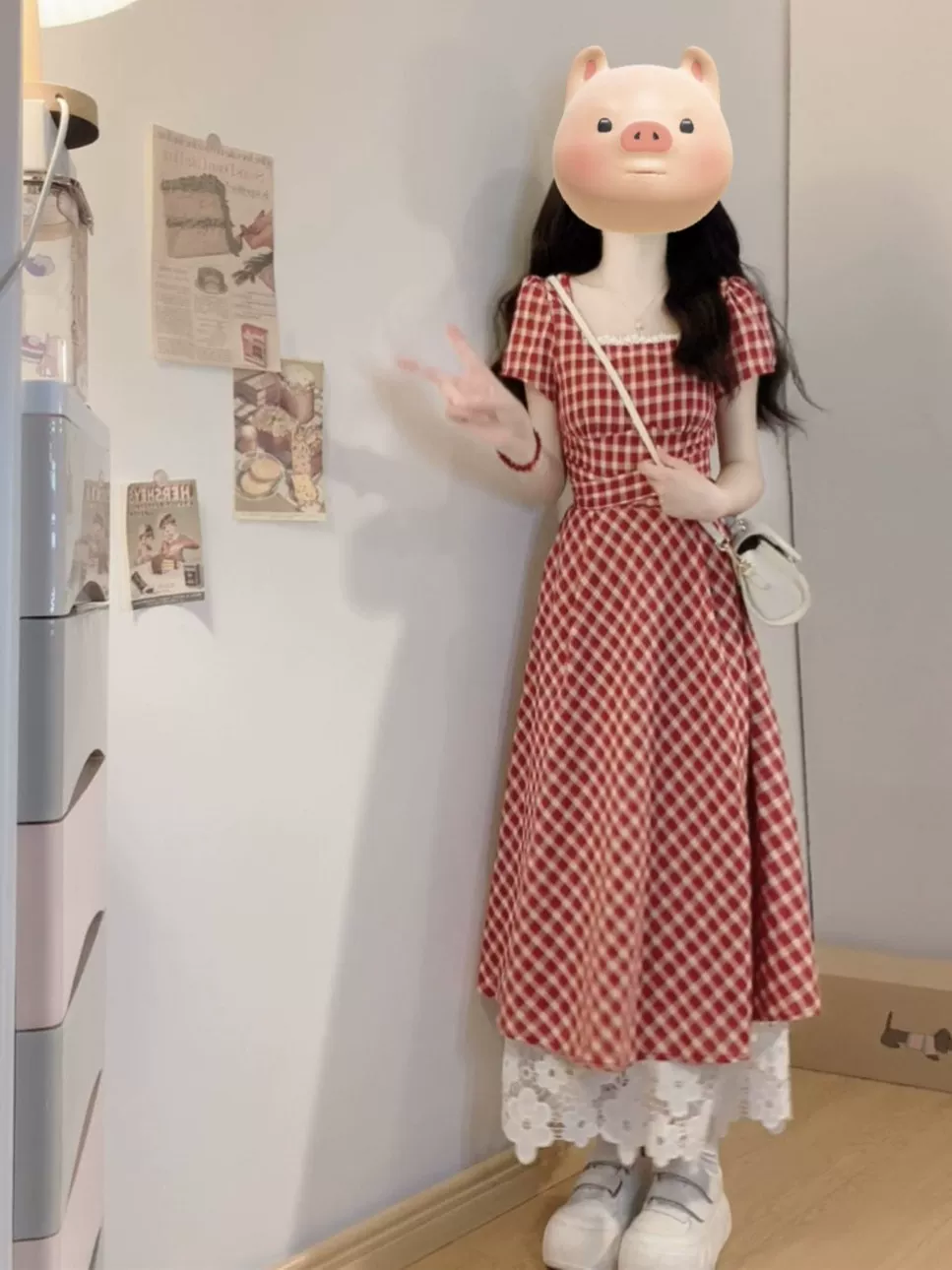 大码法式甜美初恋格子短袖连衣裙女夏季胖MM遮肚子显瘦A字中长裙 - Image 3