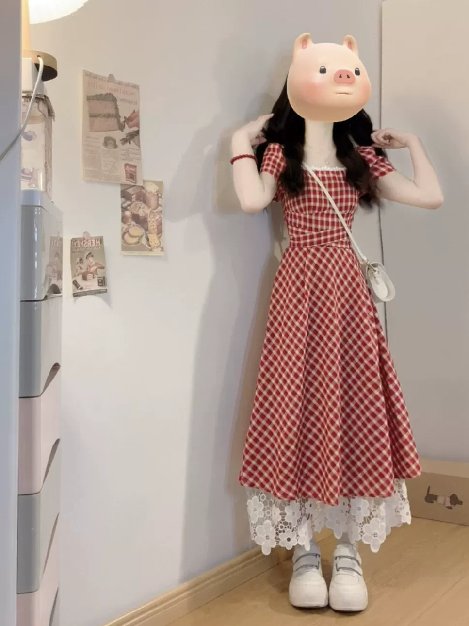 大码法式甜美初恋格子短袖连衣裙女夏季胖MM遮肚子显瘦A字中长裙 - Image 4