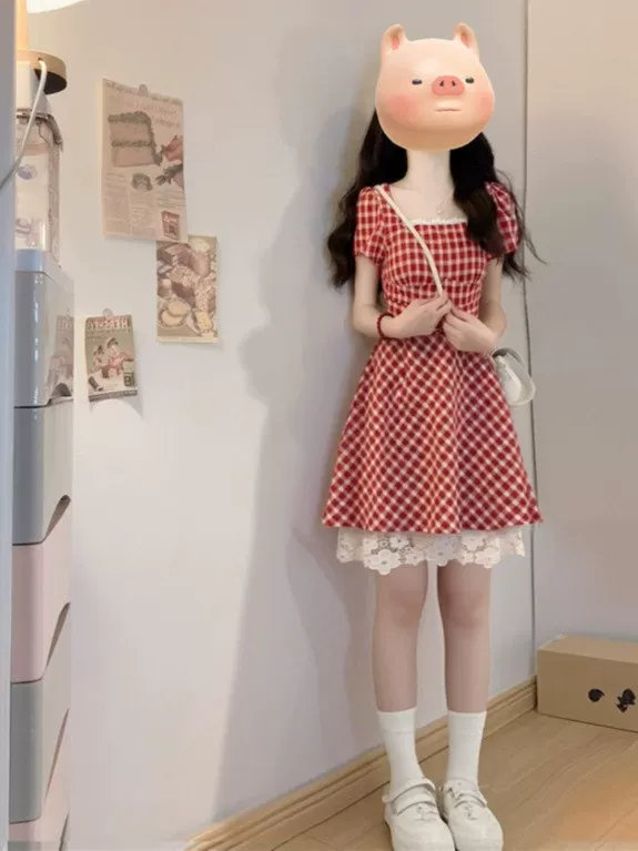 大码法式甜美初恋格子短袖连衣裙女夏季胖MM遮肚子显瘦A字中长裙 - Image 2