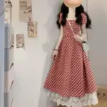 大码法式甜美初恋格子短袖连衣裙女夏季胖MM遮肚子显瘦A字中长裙