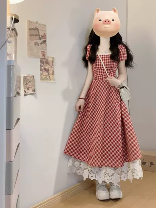 大码法式甜美初恋格子短袖连衣裙女夏季胖MM遮肚子显瘦A字中长裙