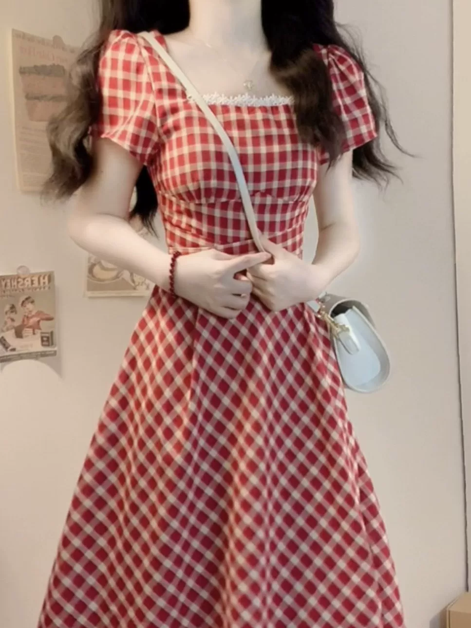 大码法式甜美初恋格子短袖连衣裙女夏季胖MM遮肚子显瘦A字中长裙 - Image 5